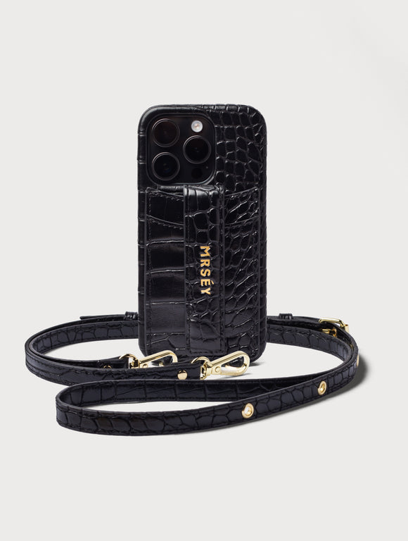 iPhone Case with Strap - Black Croco